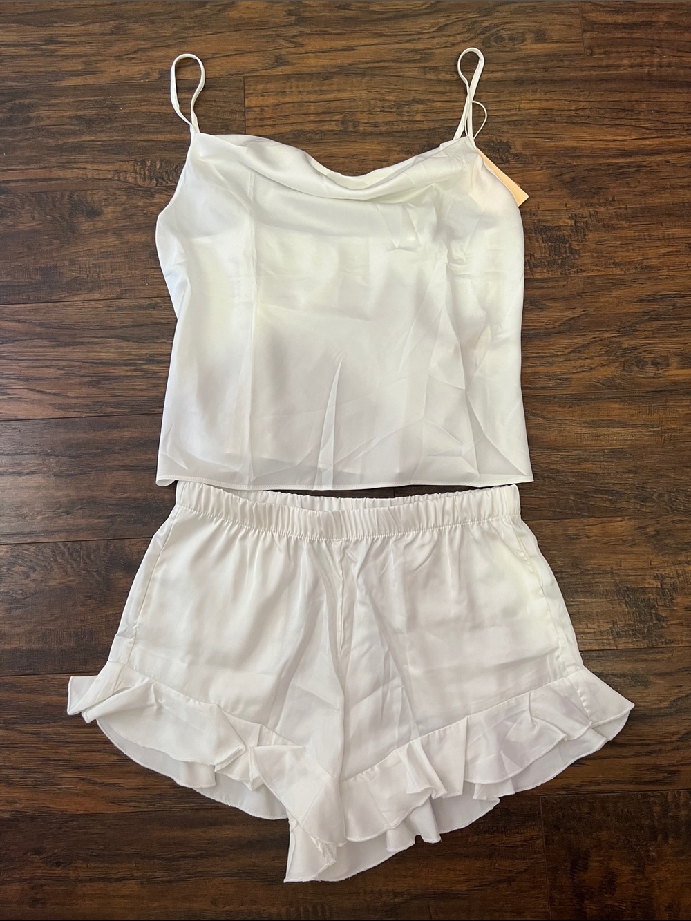 Women's White Satin Cami & Ruffle Short Pajama Set